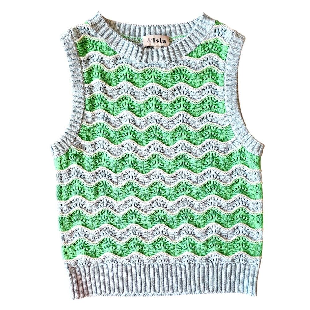 & ISLA Sweater Vest Green & White Stripe Chloe Wave Knit Sz S/P NEW